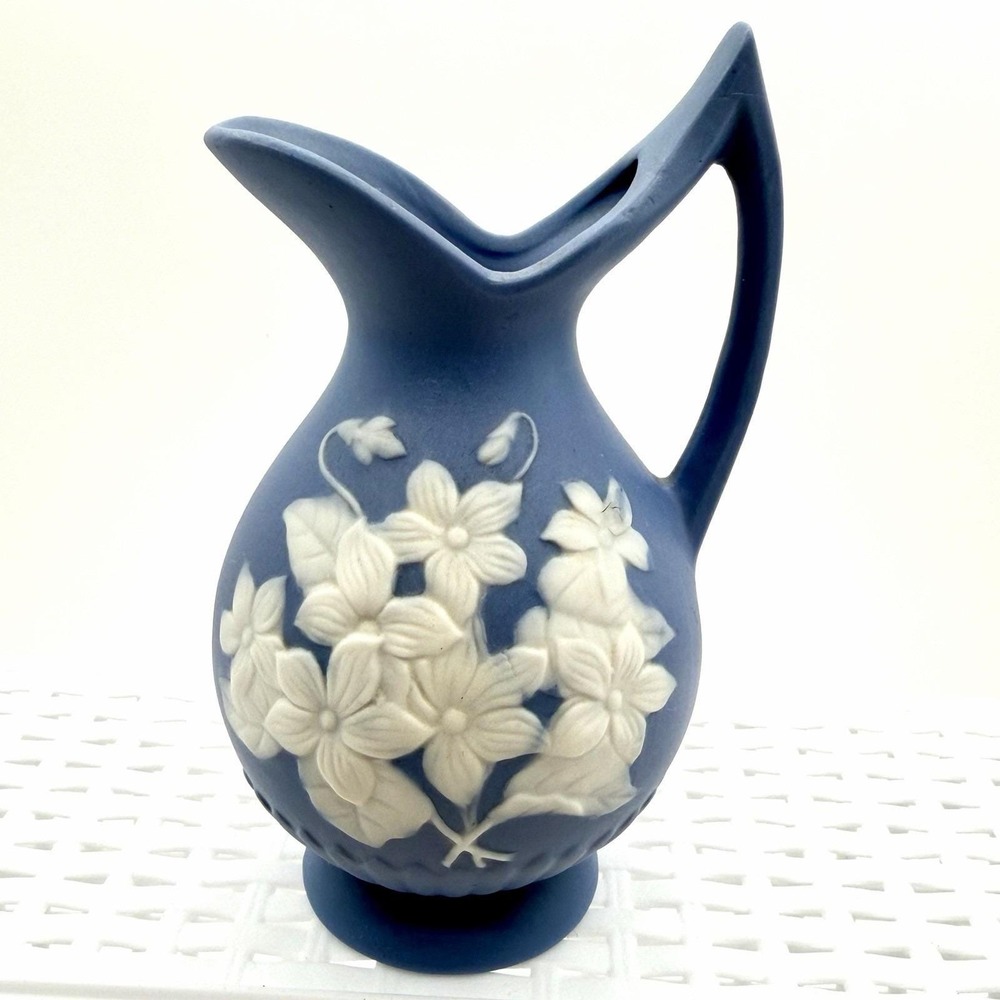 Vintage Lefton Blue Bisque Porcelain Creamer White Dogwood Flowers 5.5" Japan